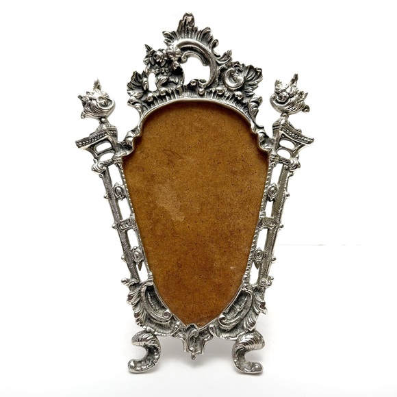 Vintage Ornate Baroque Victorian Style Silvertone Cast Metal Easel Frame